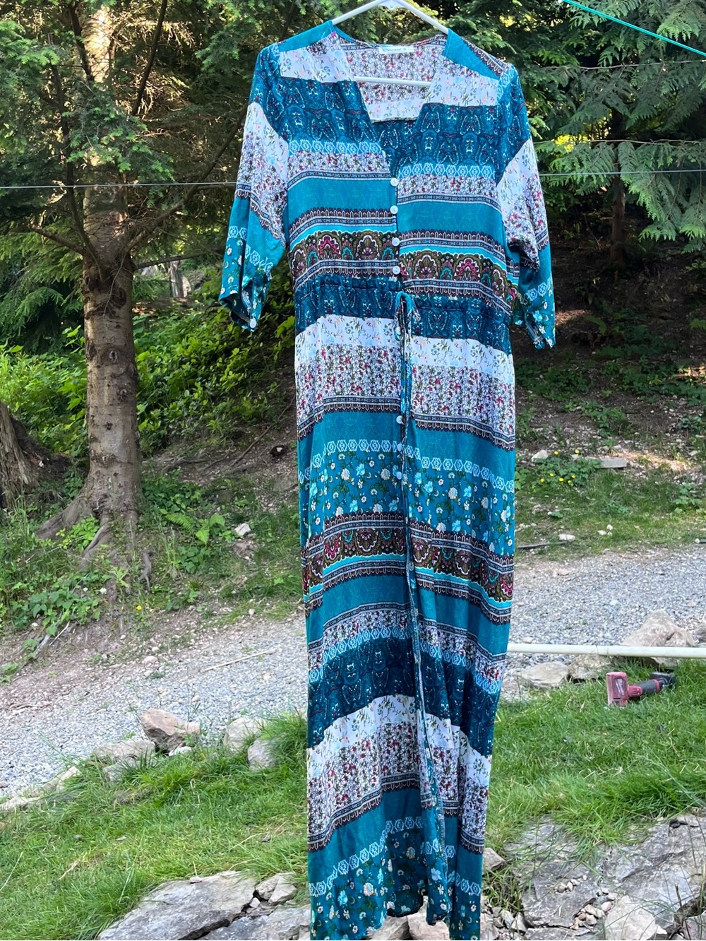 Teal Floral Stripe Maxi Dress with Button Front